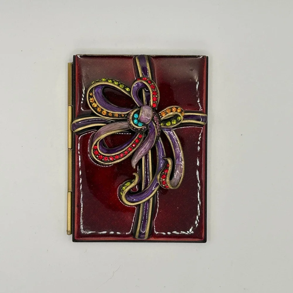 Jay Strongwater Burgundy Enamel Swarovski Crystal Bow Mini Double Picture Frame